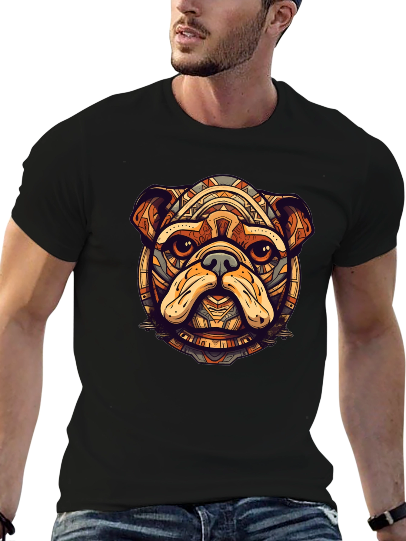 Bulldog Tribal Art Black T-Shirt