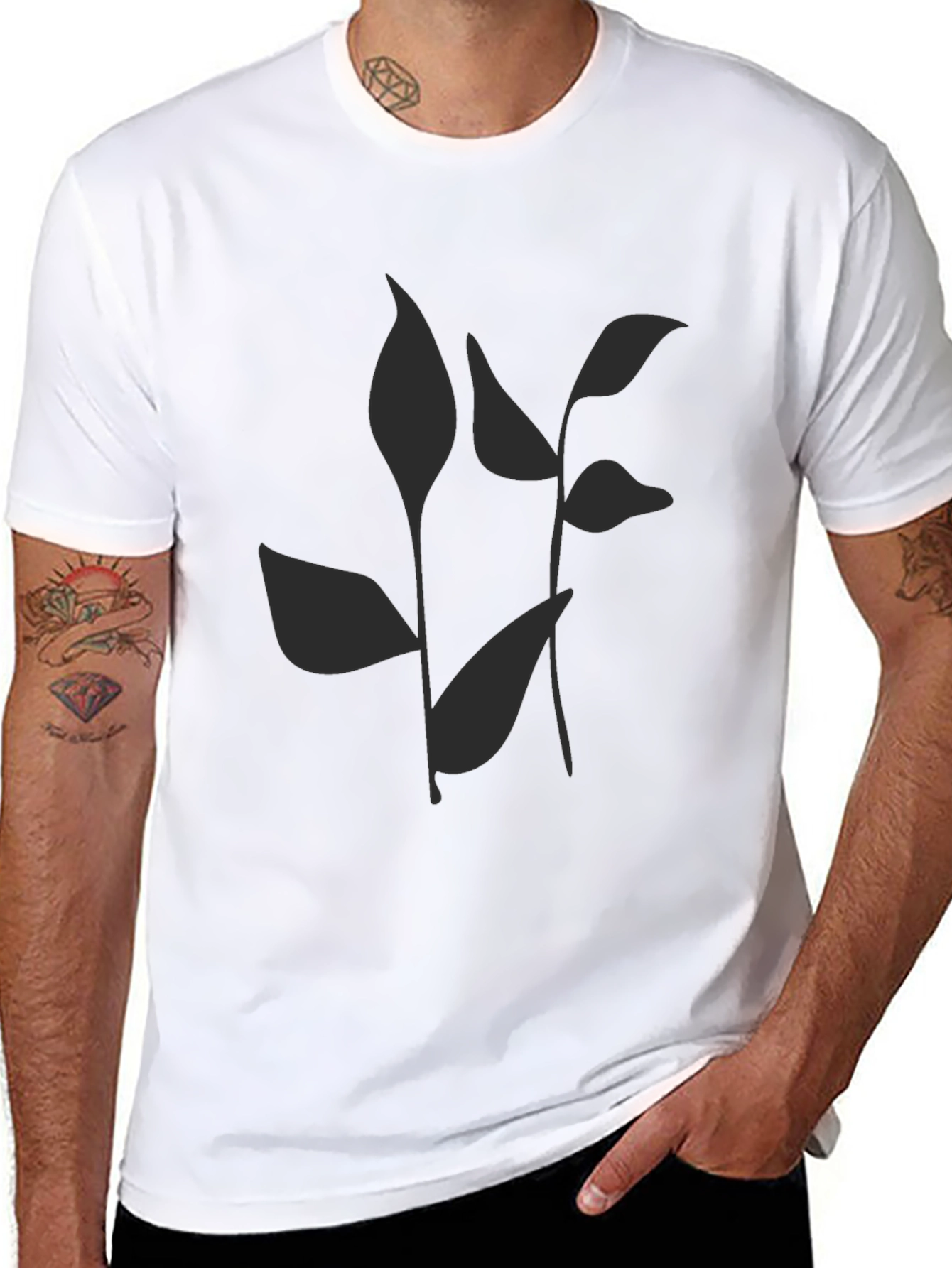Stylish Black Tee with Abstract Leaf Print