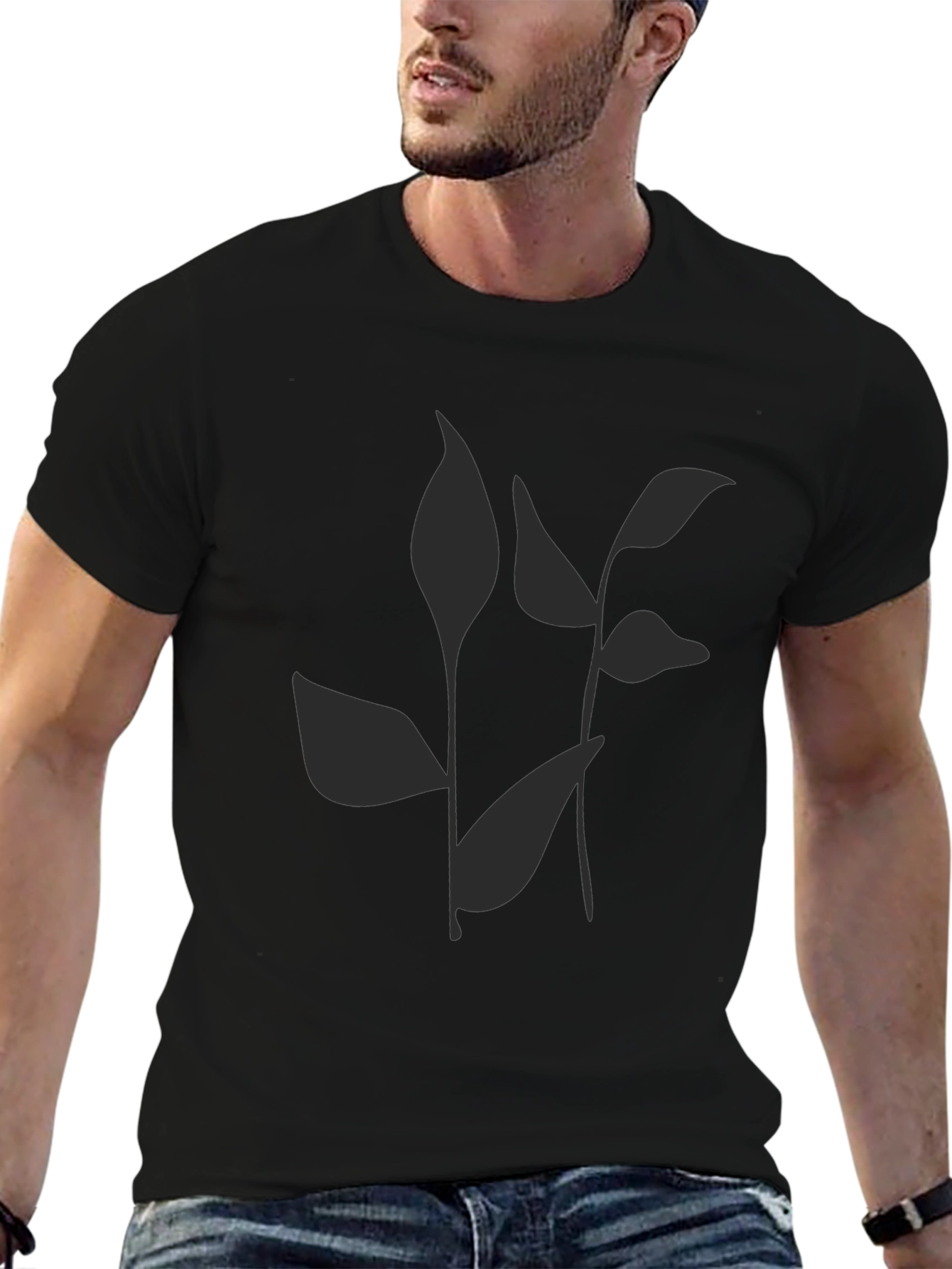 Stylish Black Tee with Abstract Leaf Print