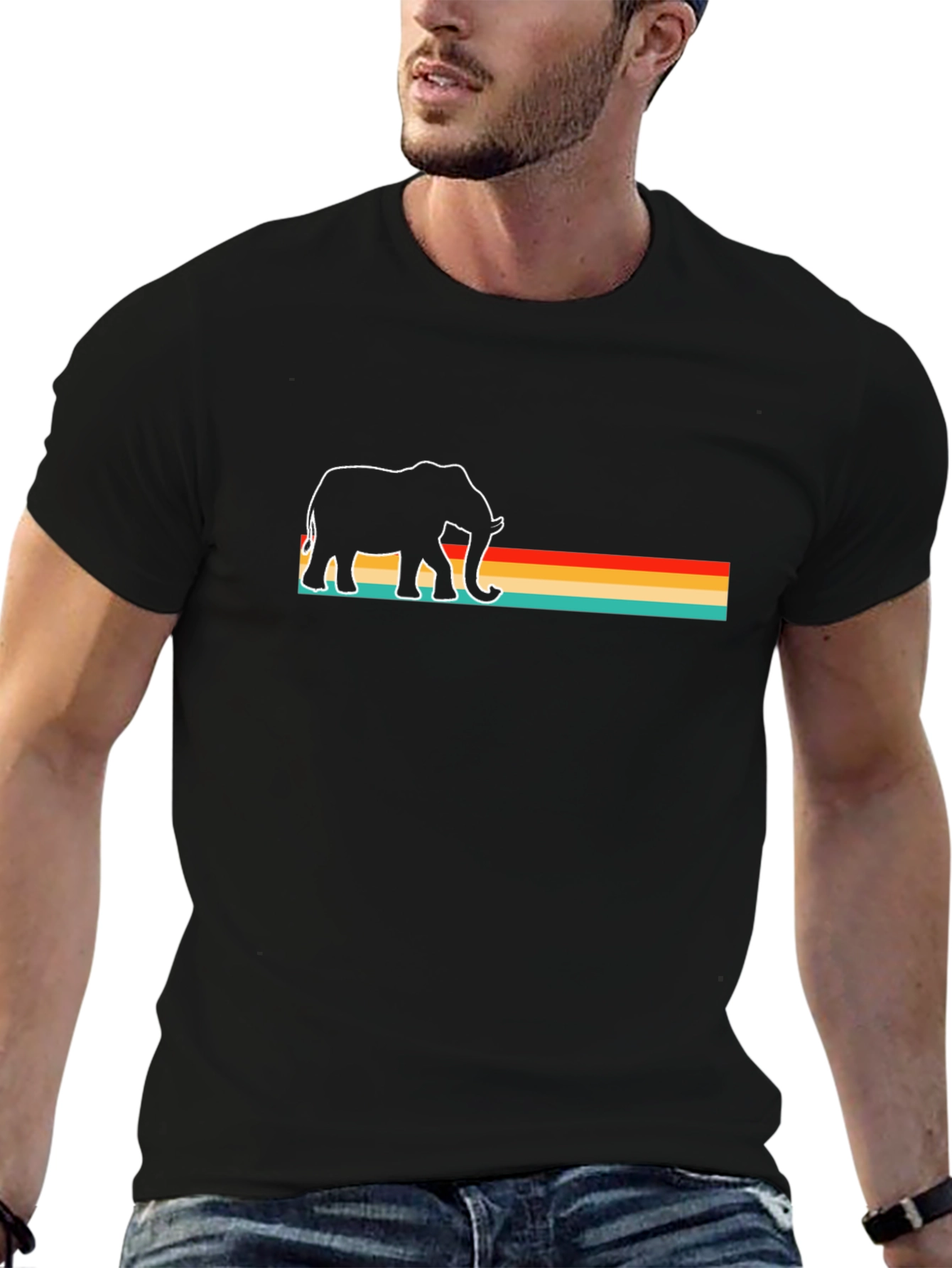 Retro Elephant Graphic Tee - Cool Stripes T-Shirt