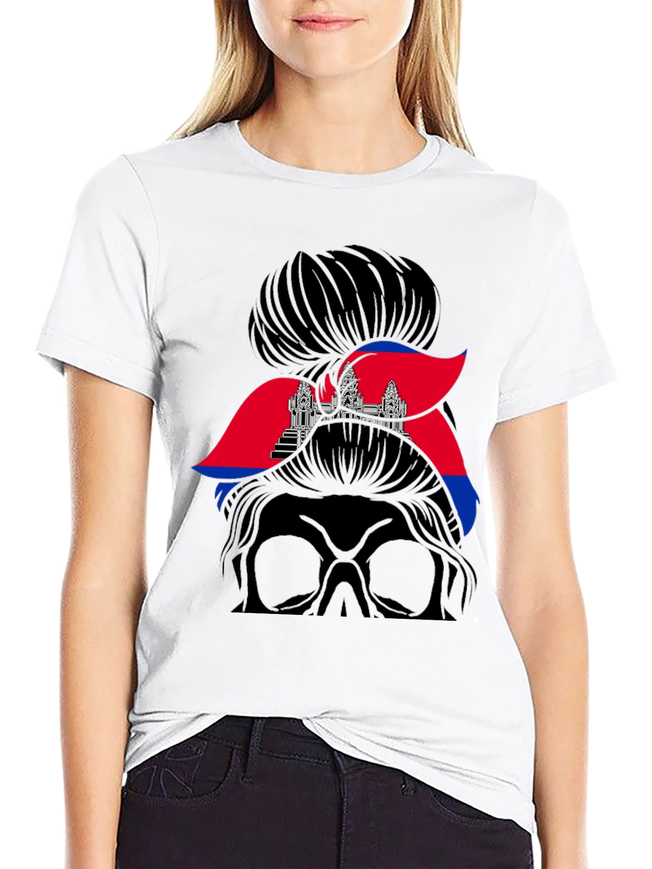 Cambodia Messy Bun T-Shirt Angkor Wat Flag Tee