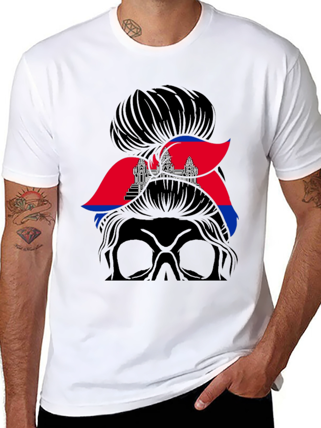 Cambodia Messy Bun T-Shirt Angkor Wat Flag Tee