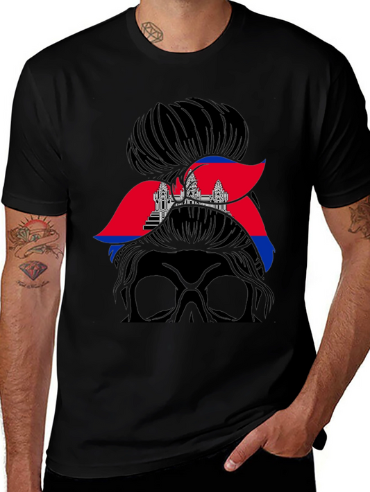 Cambodia Messy Bun T-Shirt Angkor Wat Flag Tee