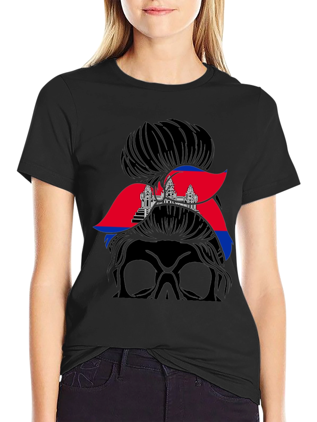 Cambodia Messy Bun T-Shirt Angkor Wat Flag Tee
