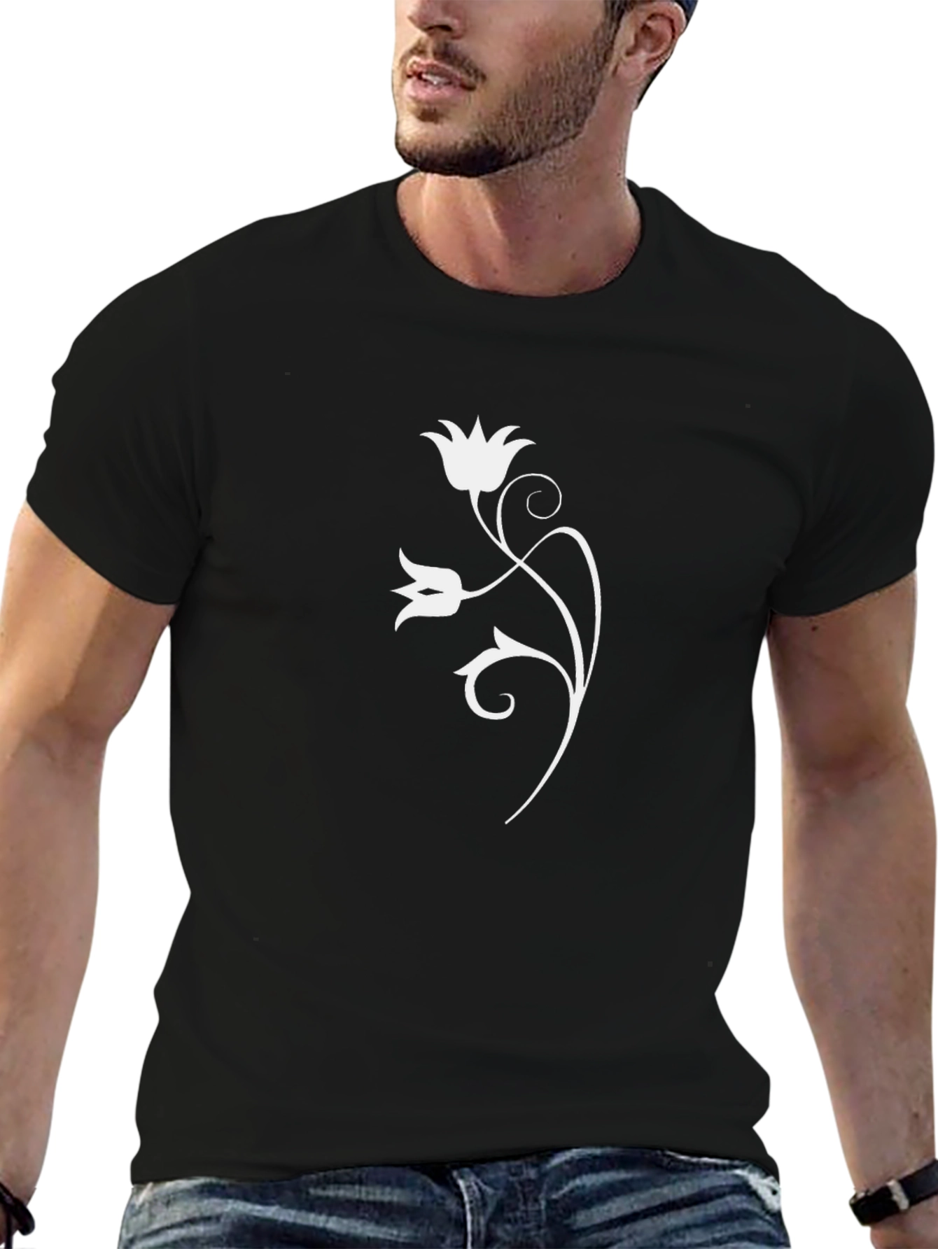 Black T-Shirt with White Floral Design