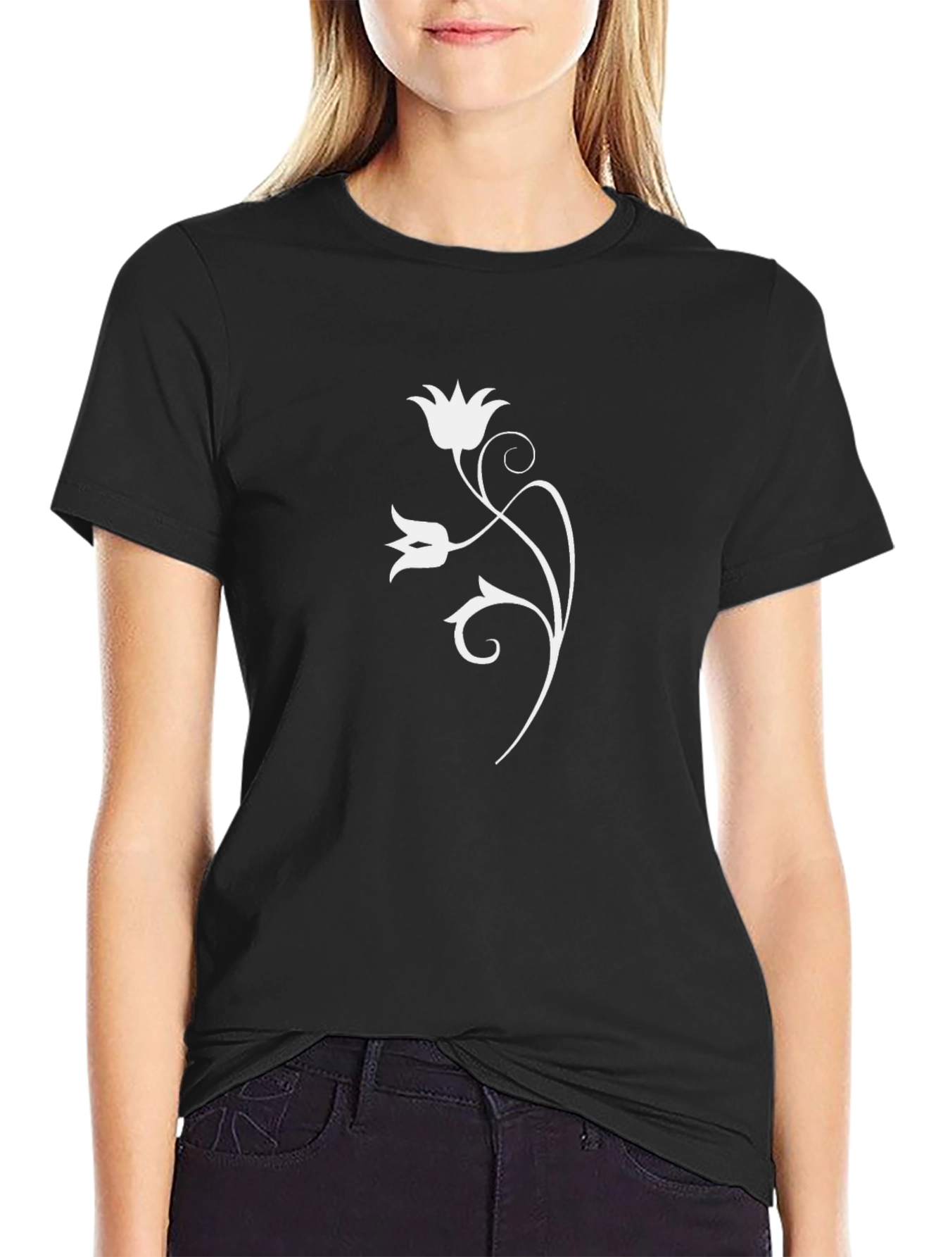 Black T-Shirt with White Floral Design