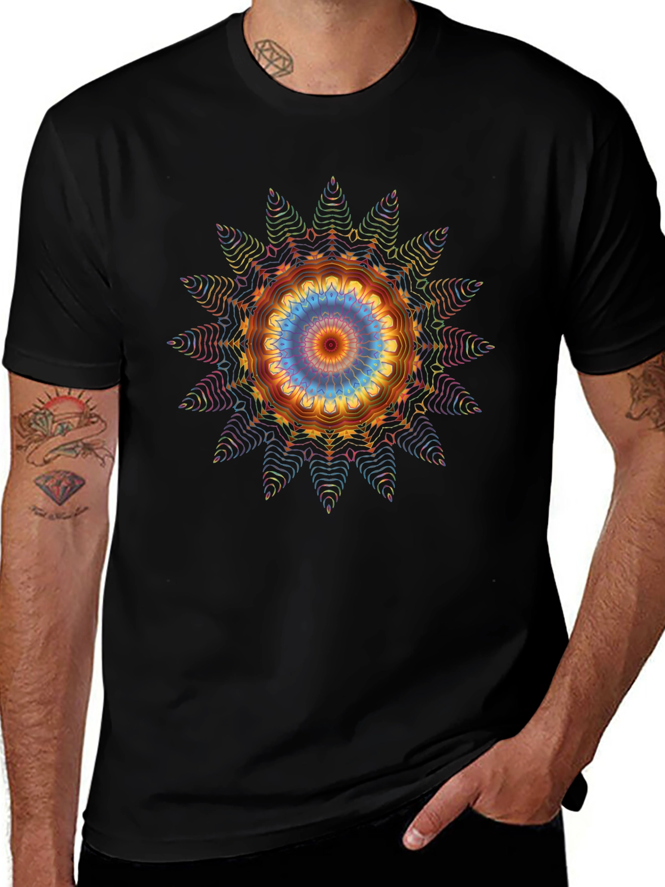 Vibrant Mandala Graphic Tee - Black Cotton Blend