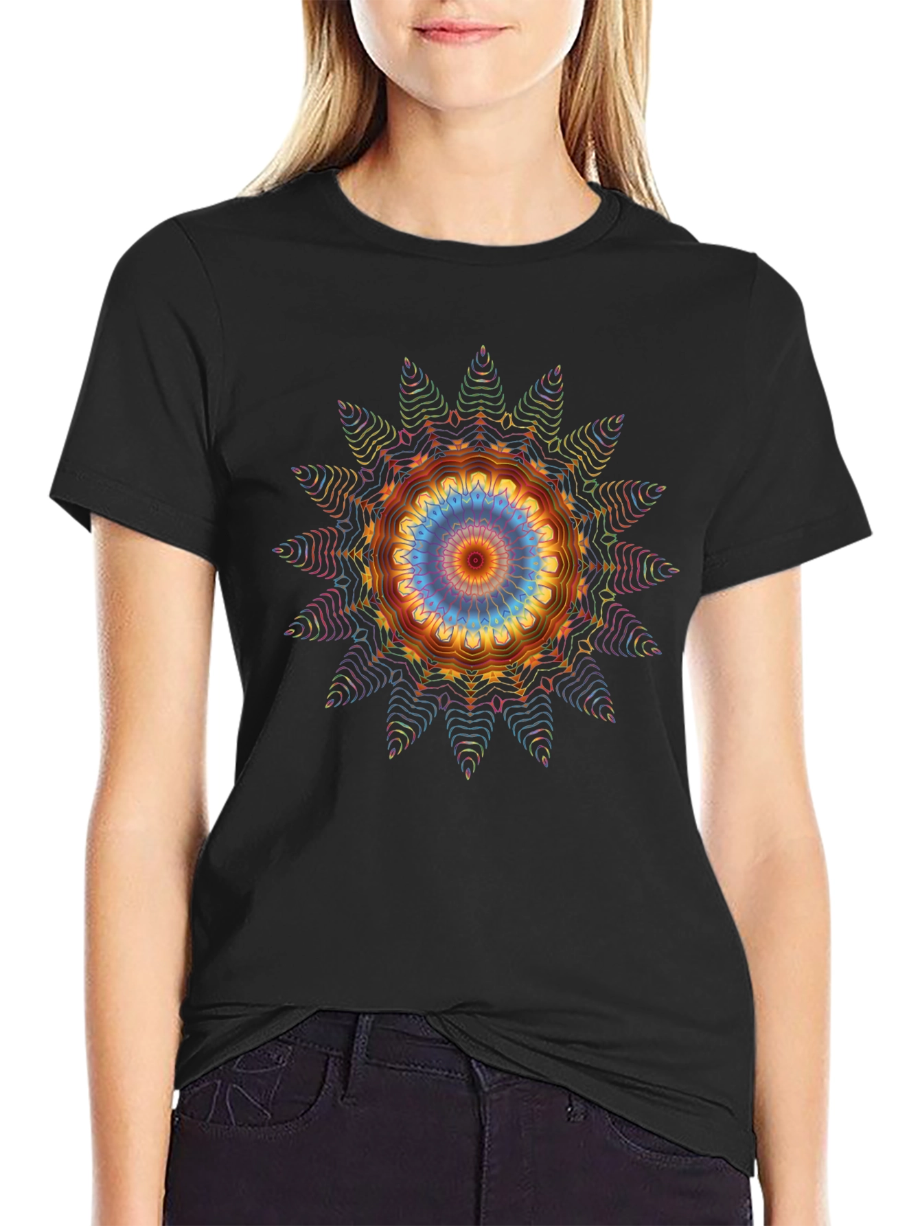 Vibrant Mandala Graphic Tee - Black Cotton Blend