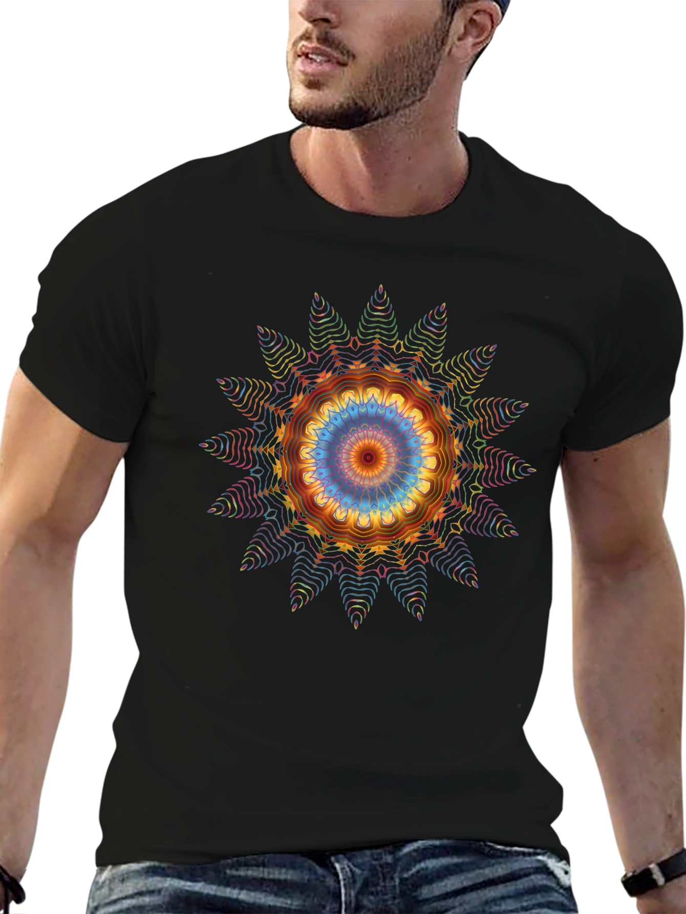 Vibrant Mandala Graphic Tee - Black Cotton Blend