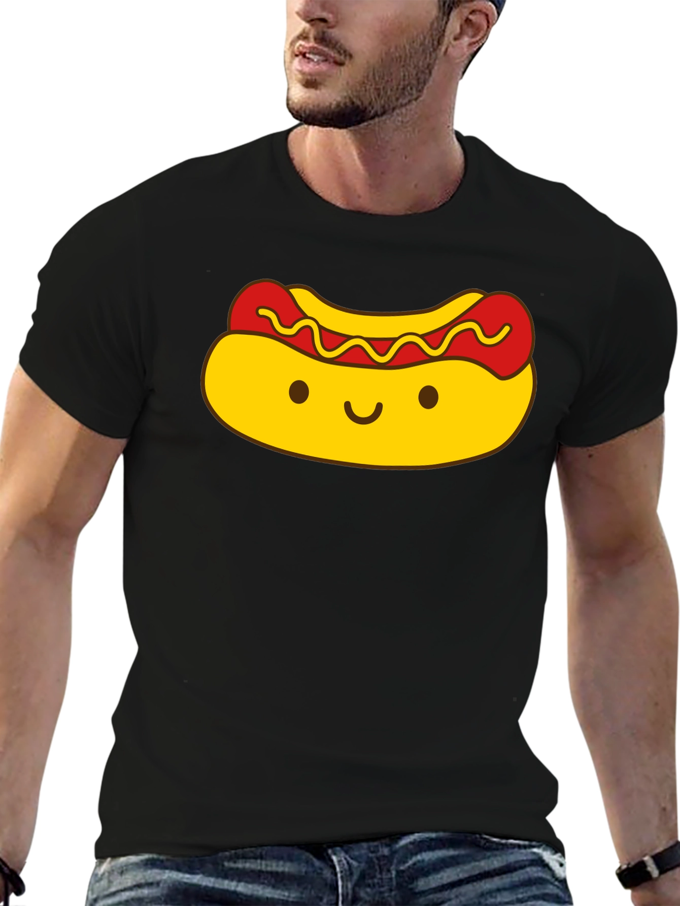 Cute Kawaii Hot Dog Graphic Black T-Shirt