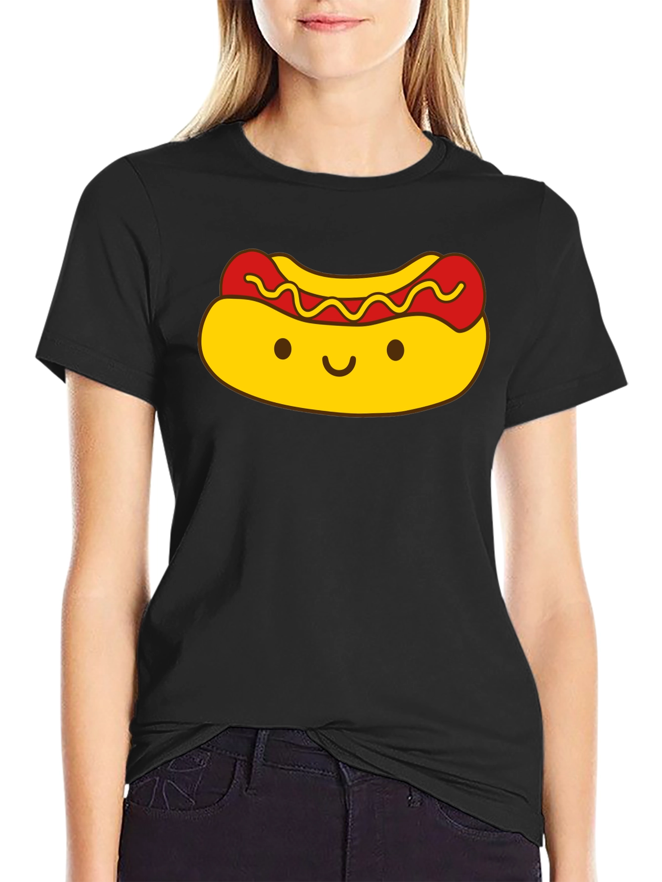 Cute Kawaii Hot Dog Graphic Black T-Shirt