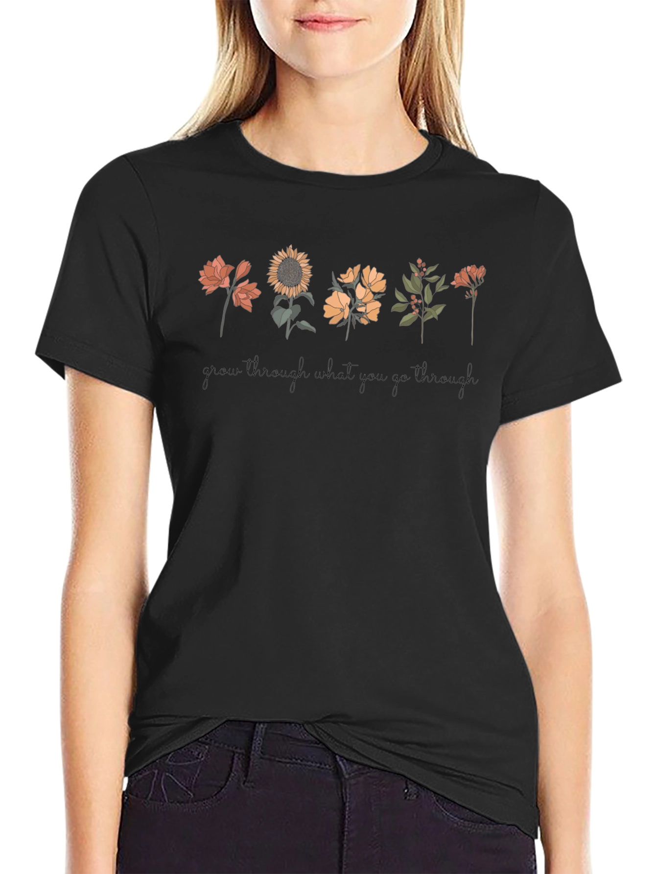 Floral Grow Through Black T-Shirt