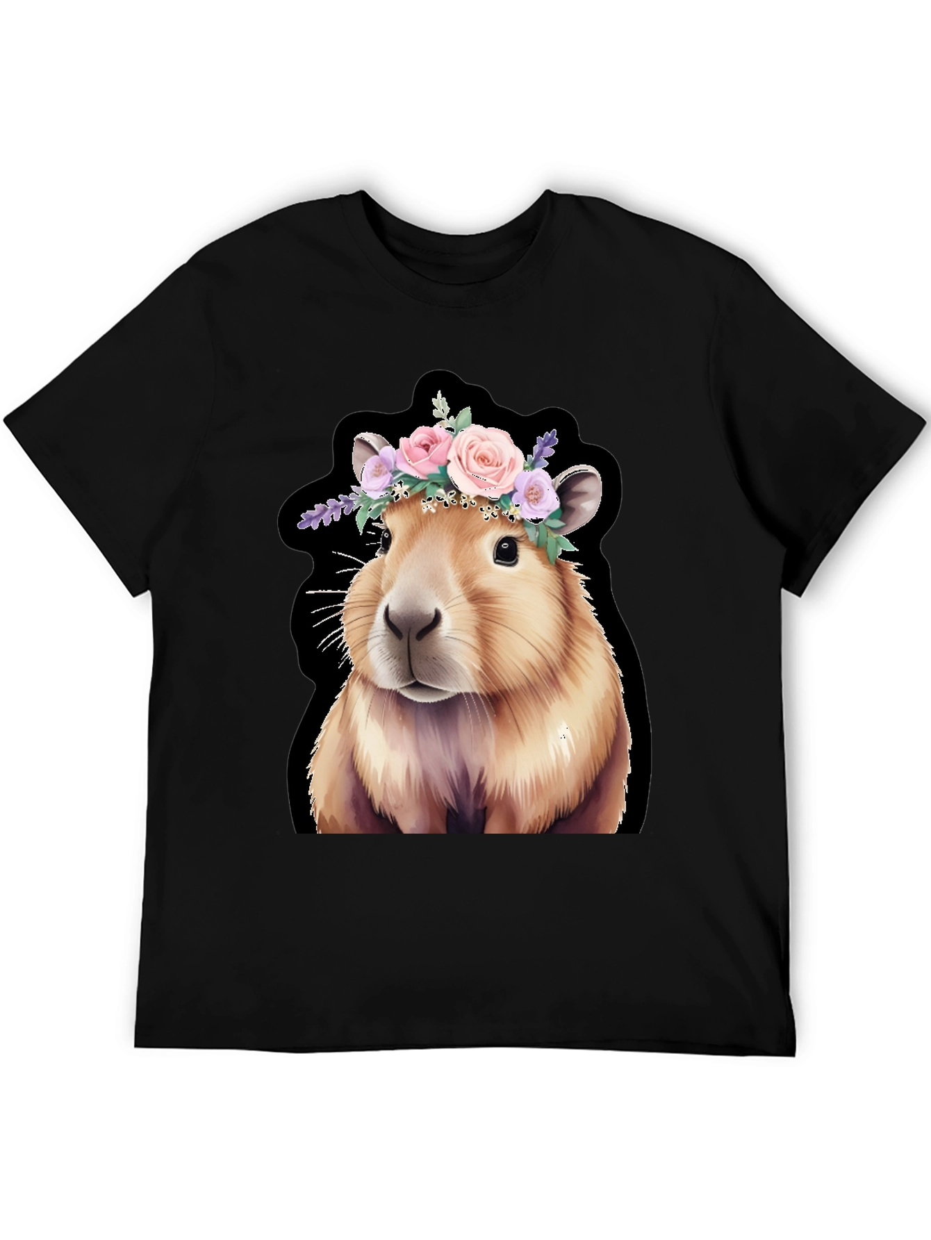 Capybara Floral Crown Black T-Shirt