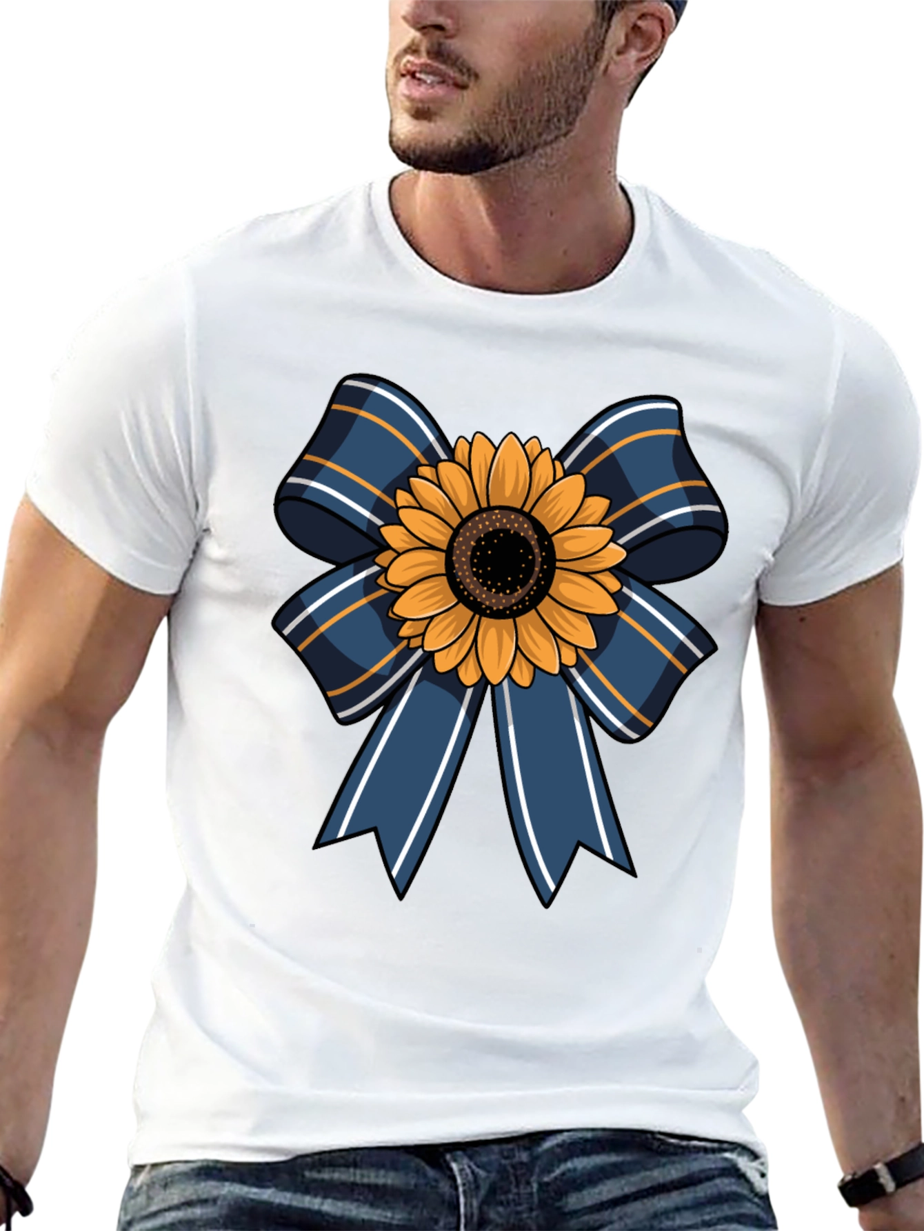Sunflower Bow Graphic Tee - Casual Mens T-Shirt