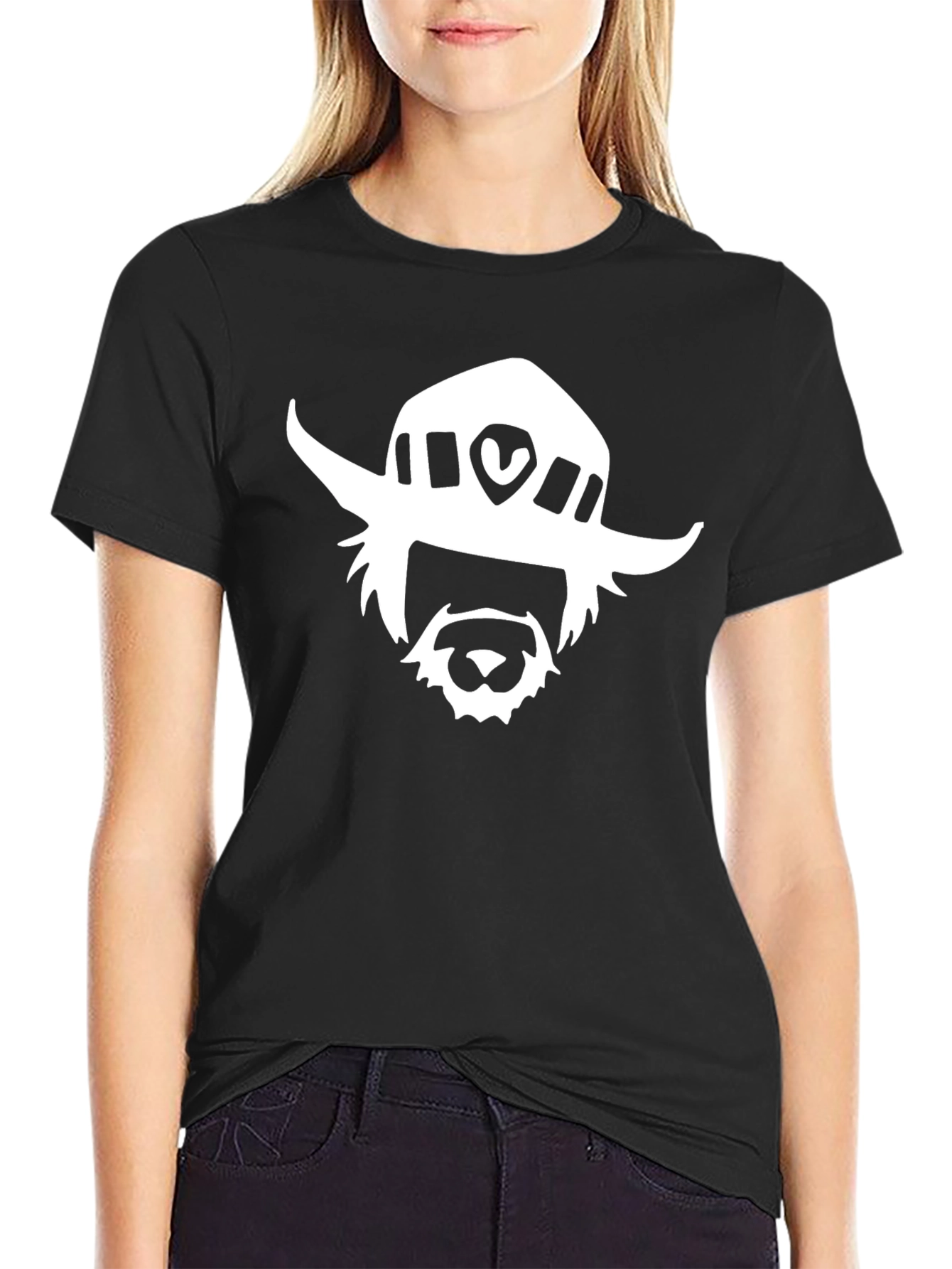 Black T-Shirt with White Cartoon Face Graphic