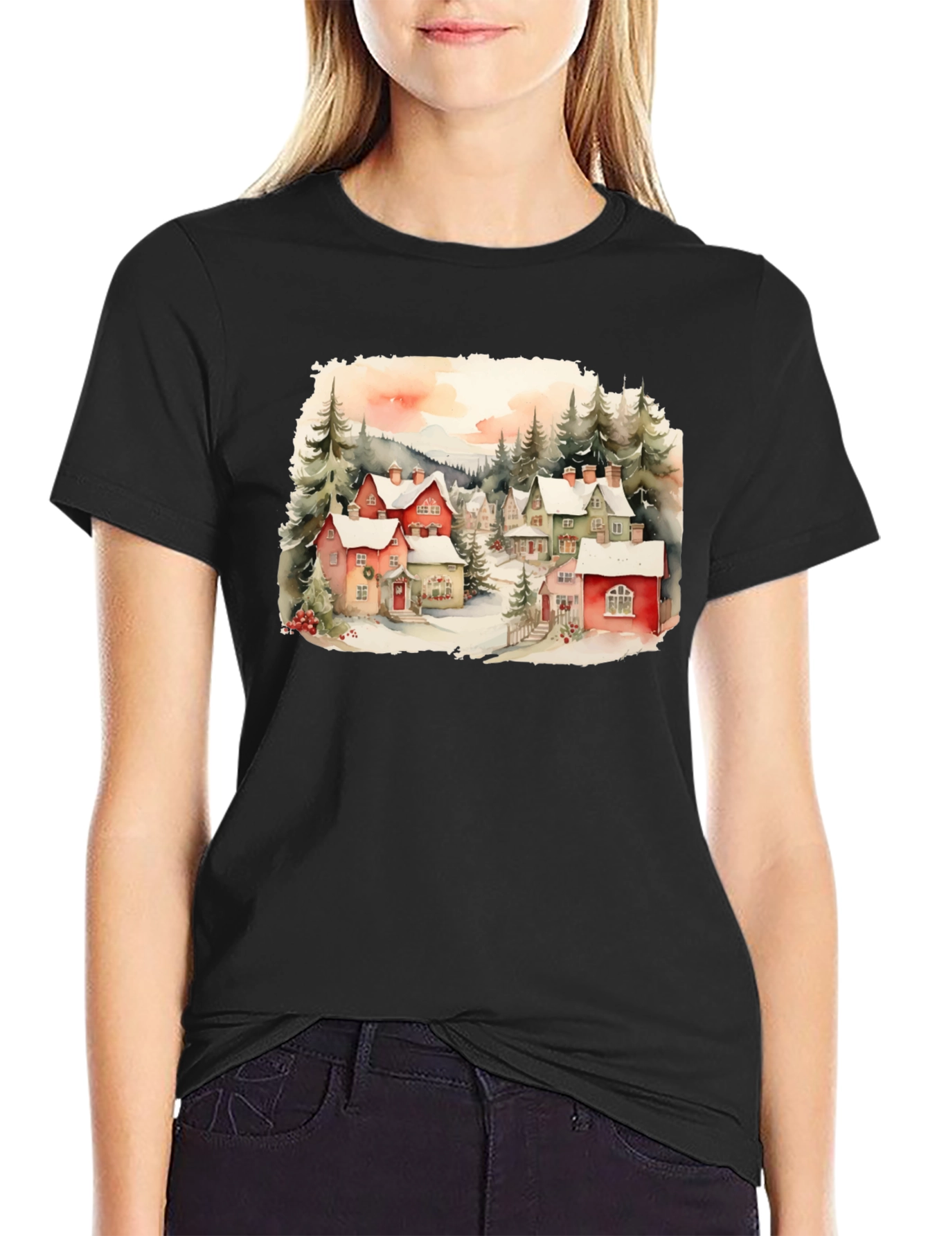 Watercolor Winter Village T-Shirt