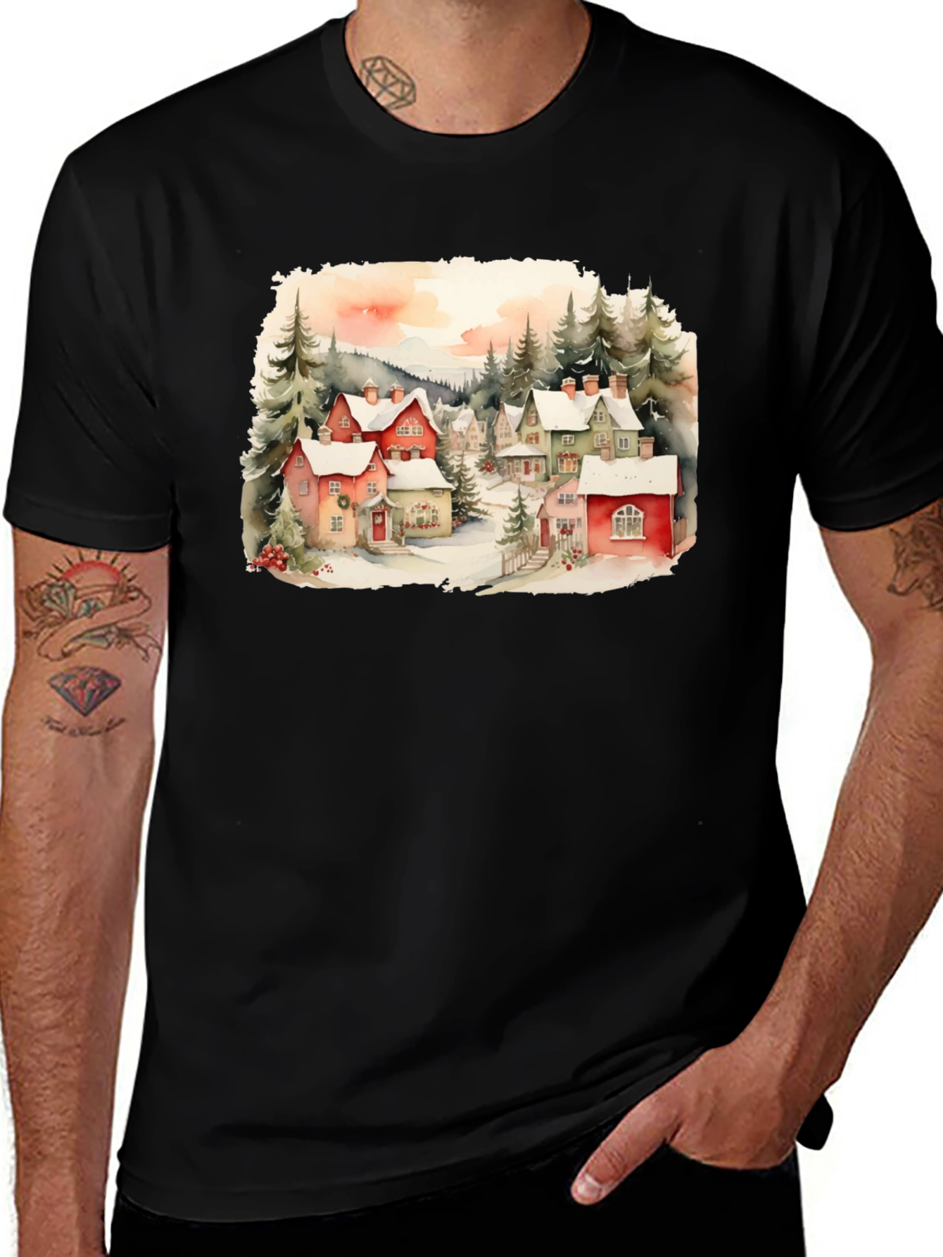 Watercolor Winter Village T-Shirt