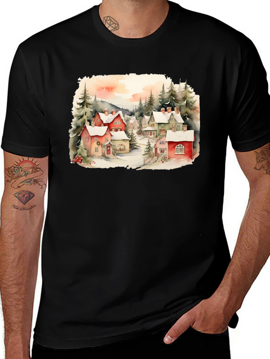 Watercolor Winter Village T-Shirt