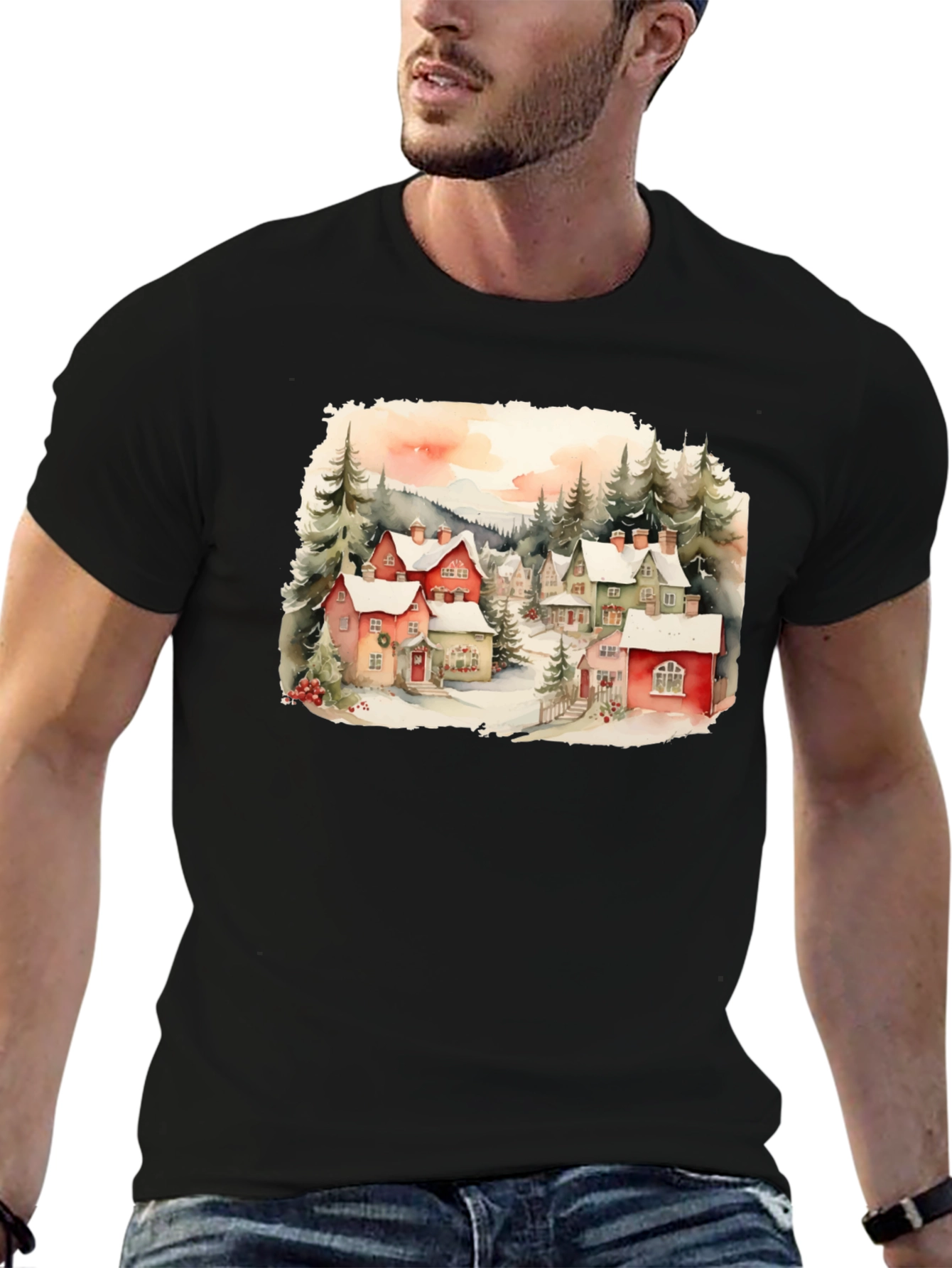 Watercolor Winter Village T-Shirt