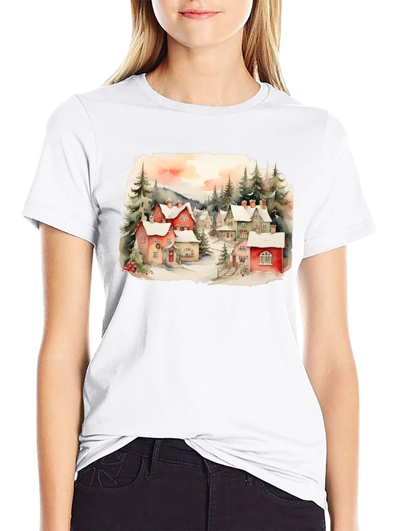 Watercolor Winter Village T-Shirt