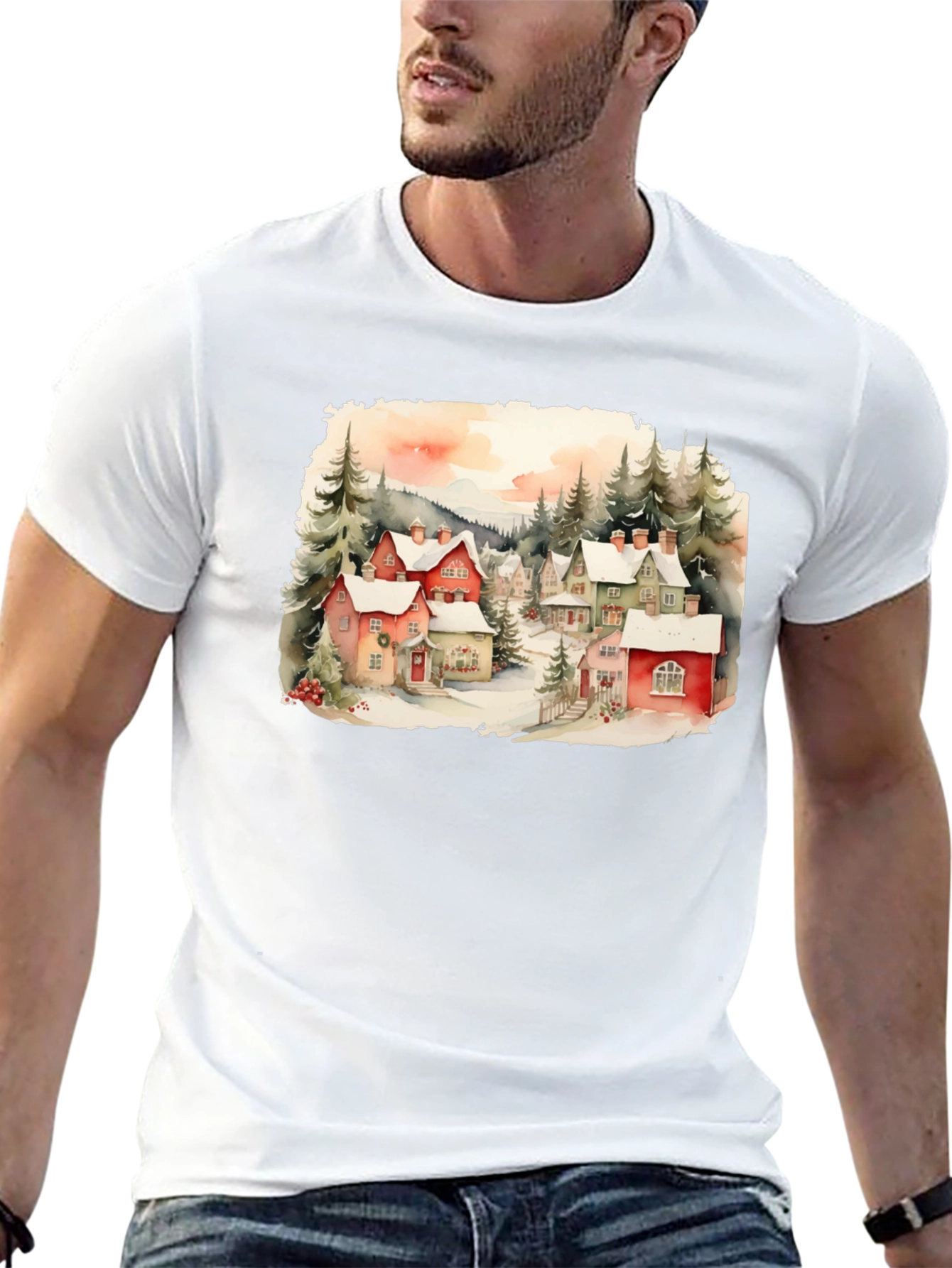 Watercolor Winter Village T-Shirt