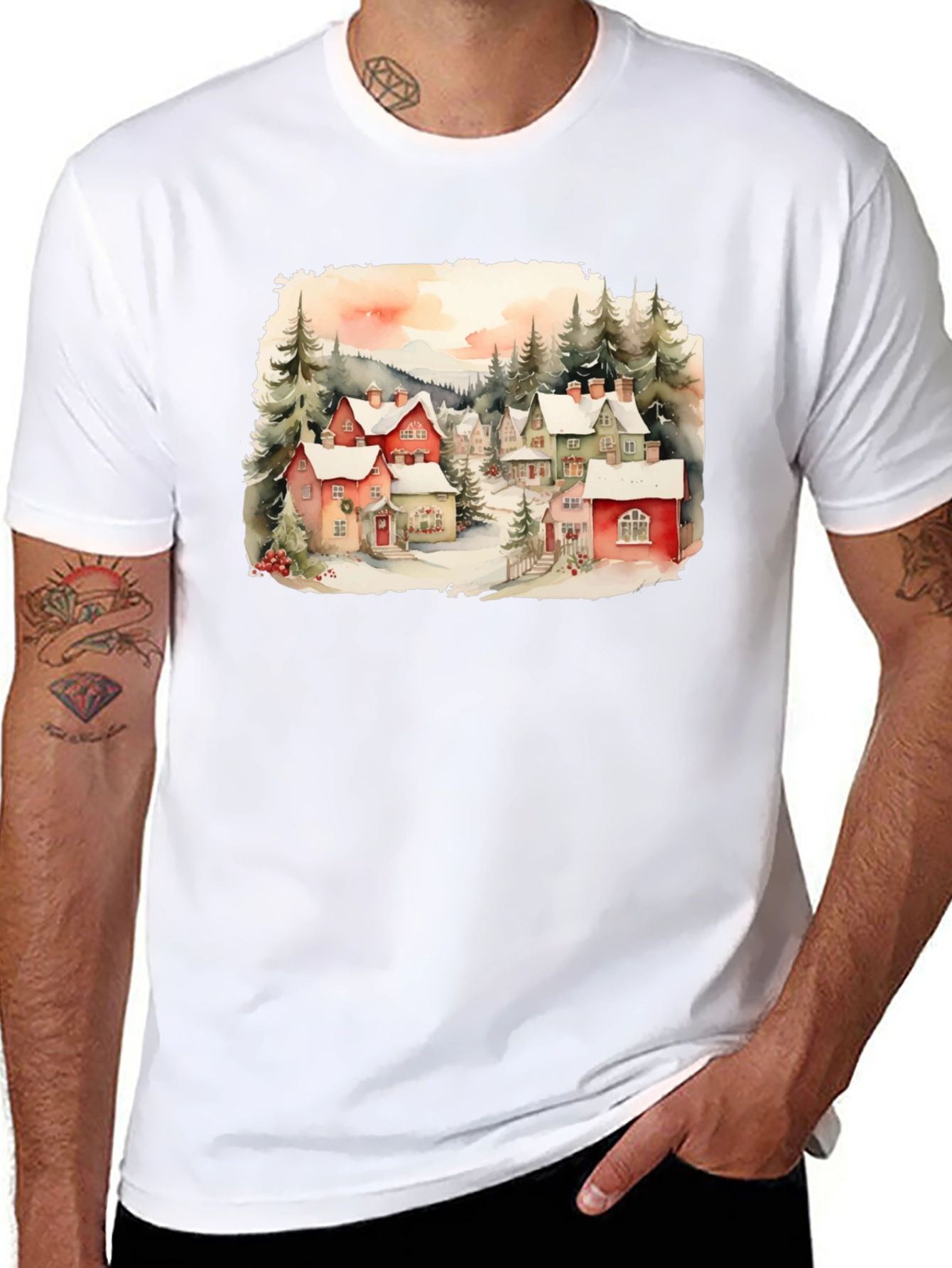 Watercolor Winter Village T-Shirt
