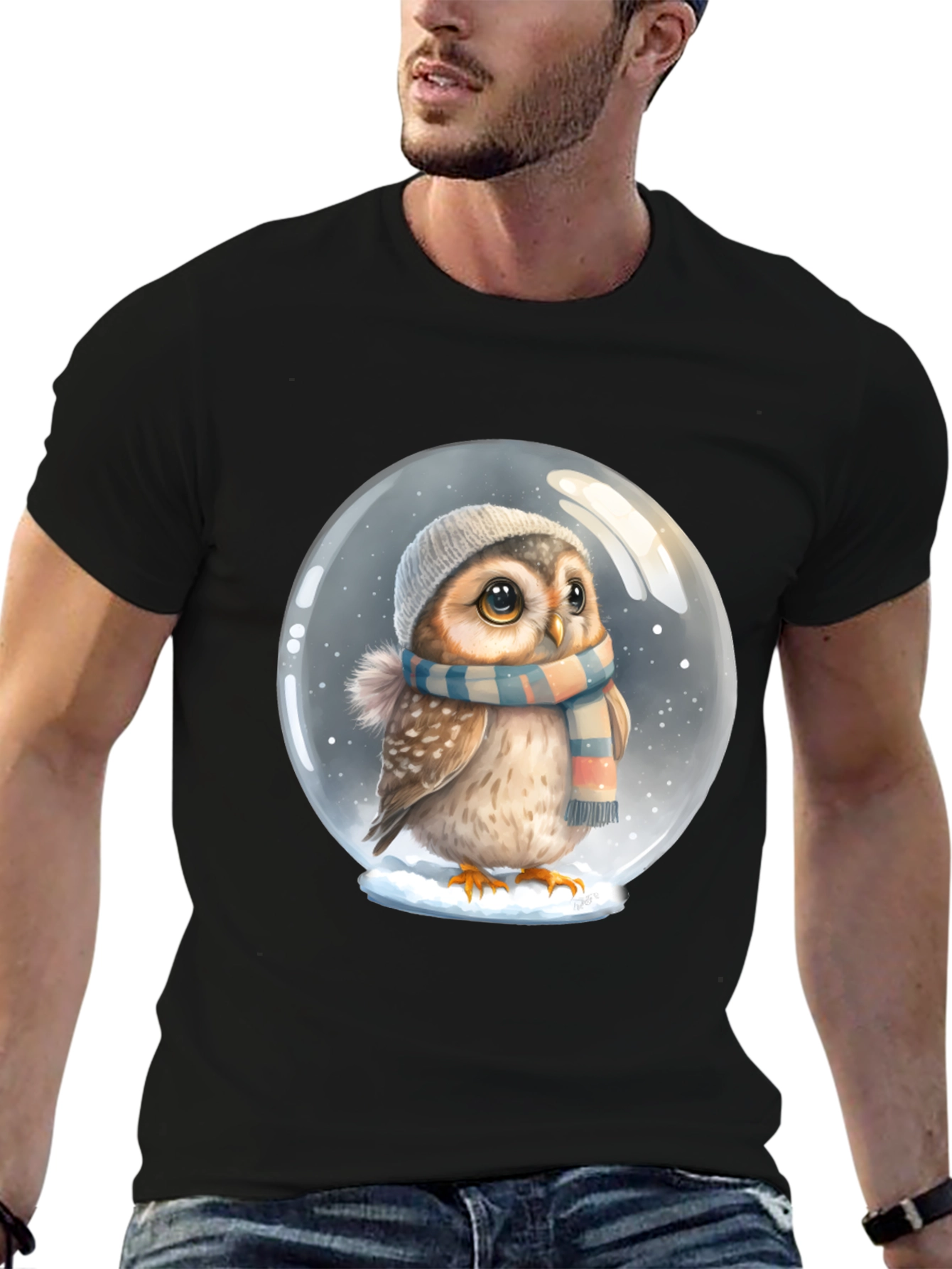 Cute Owl in Snow Globe Black T-Shirt