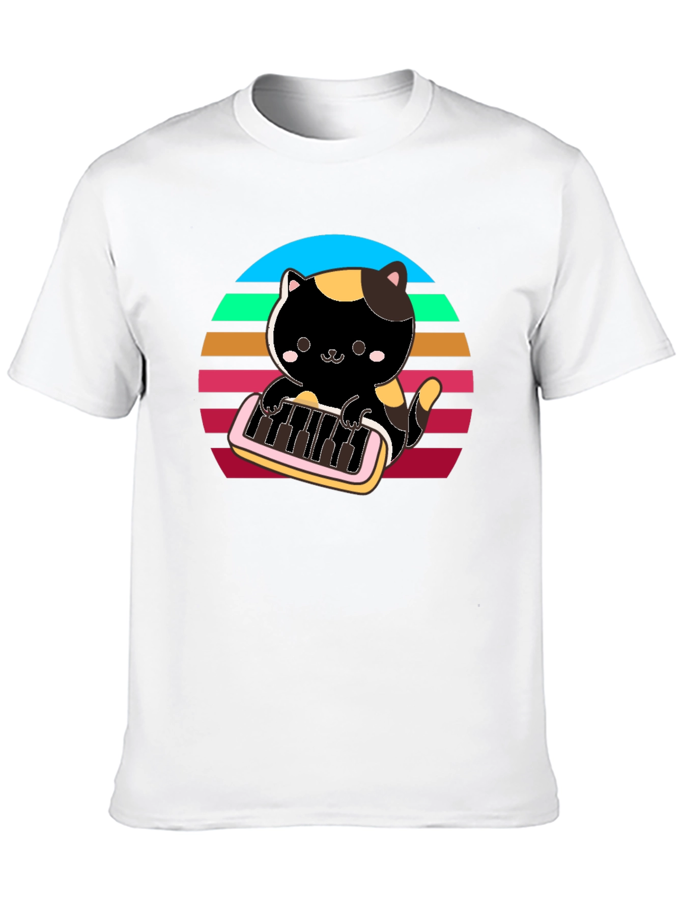 Cat Keyboardist T-Shirt - Retro Sunset Design