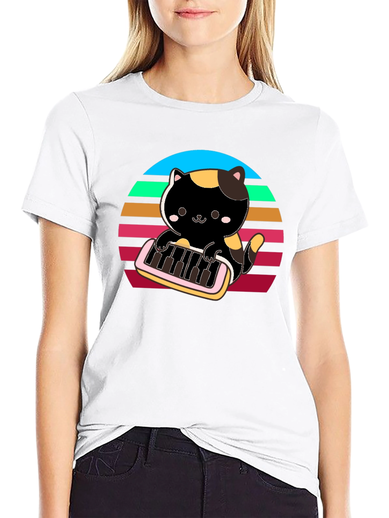 Cat Keyboardist T-Shirt - Retro Sunset Design