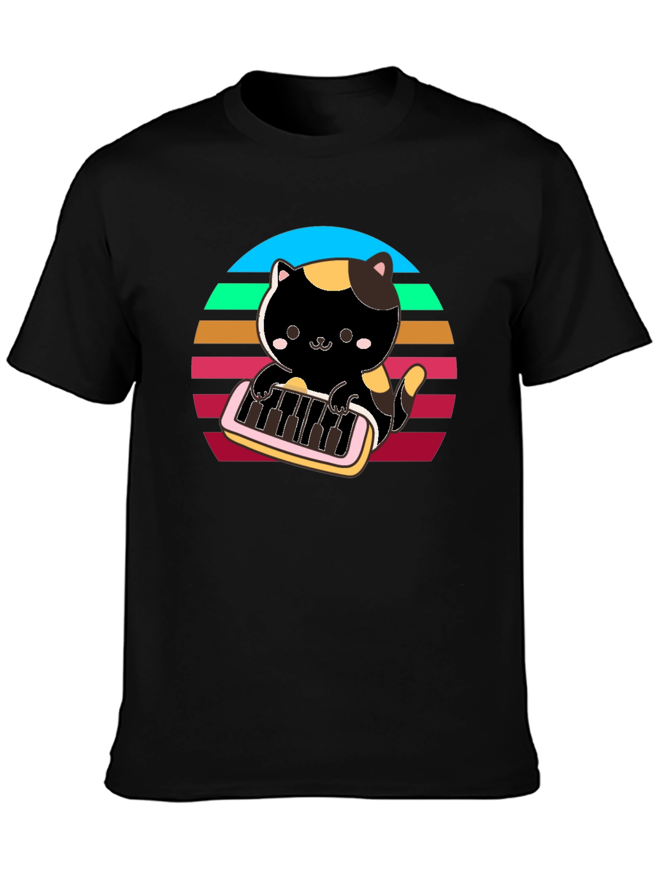 Cat Keyboardist T-Shirt - Retro Sunset Design
