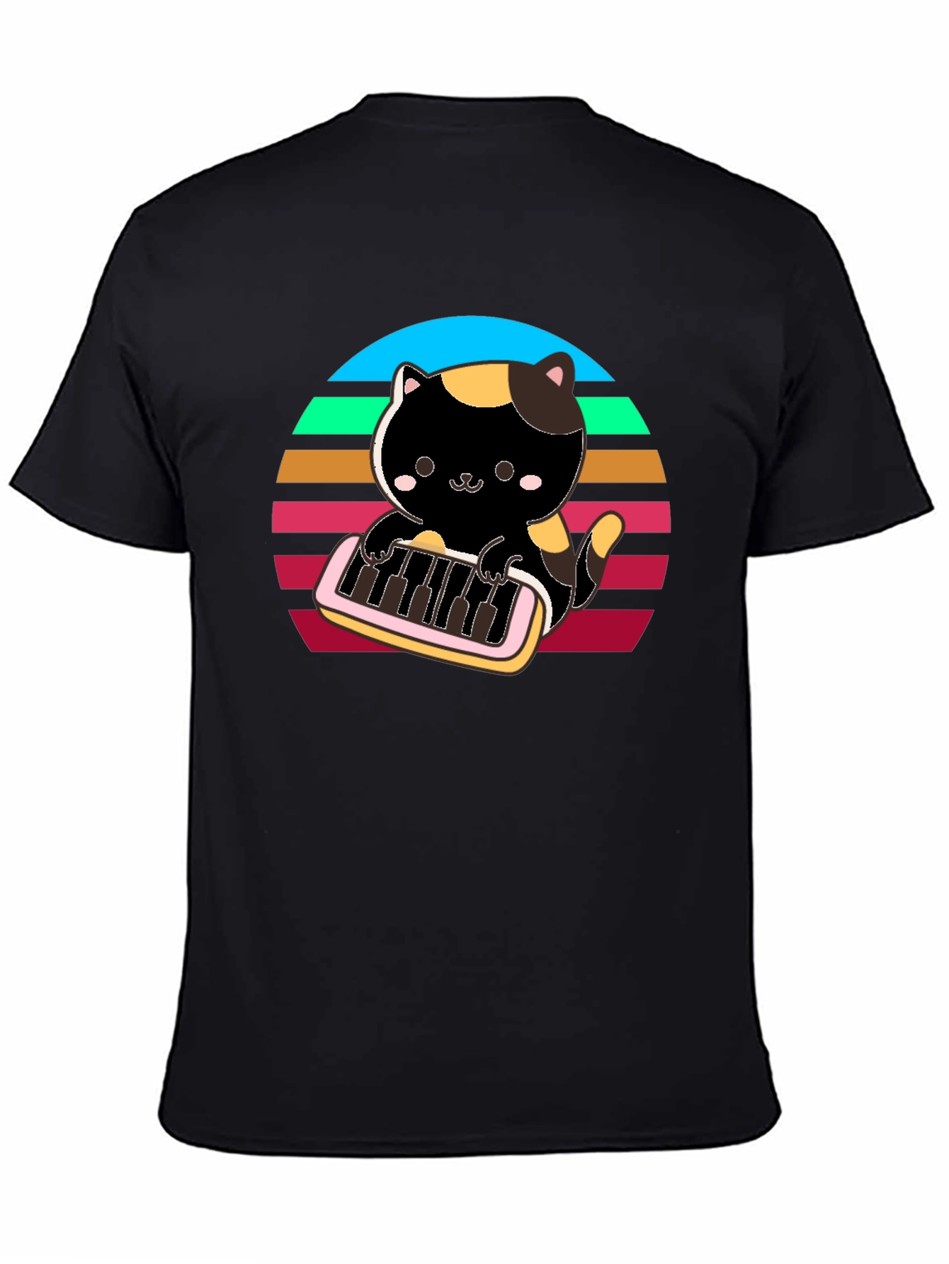 Cat Keyboardist T-Shirt - Retro Sunset Design