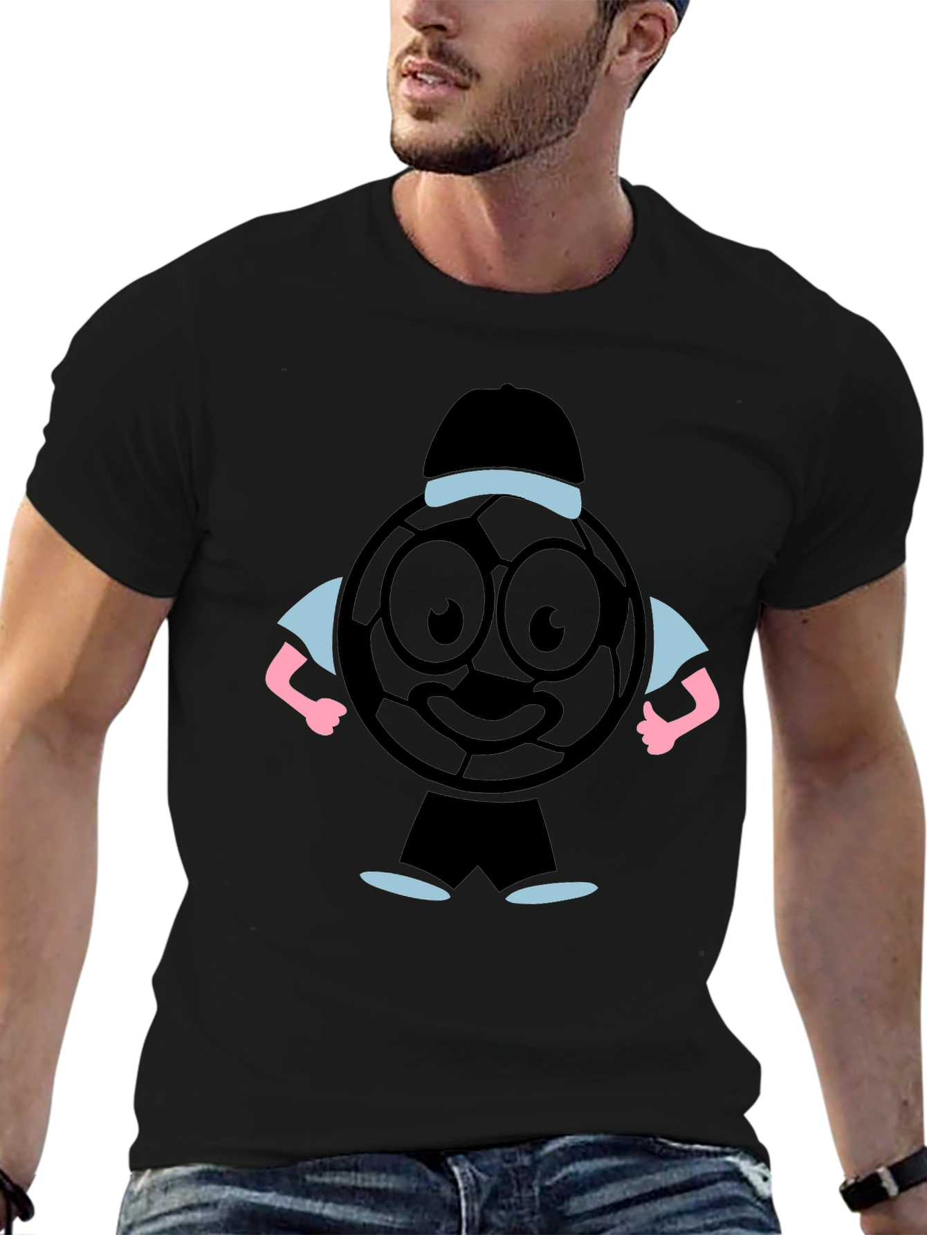 Cartoon Soccer Ball Graphic Tee - Black T-Shirt