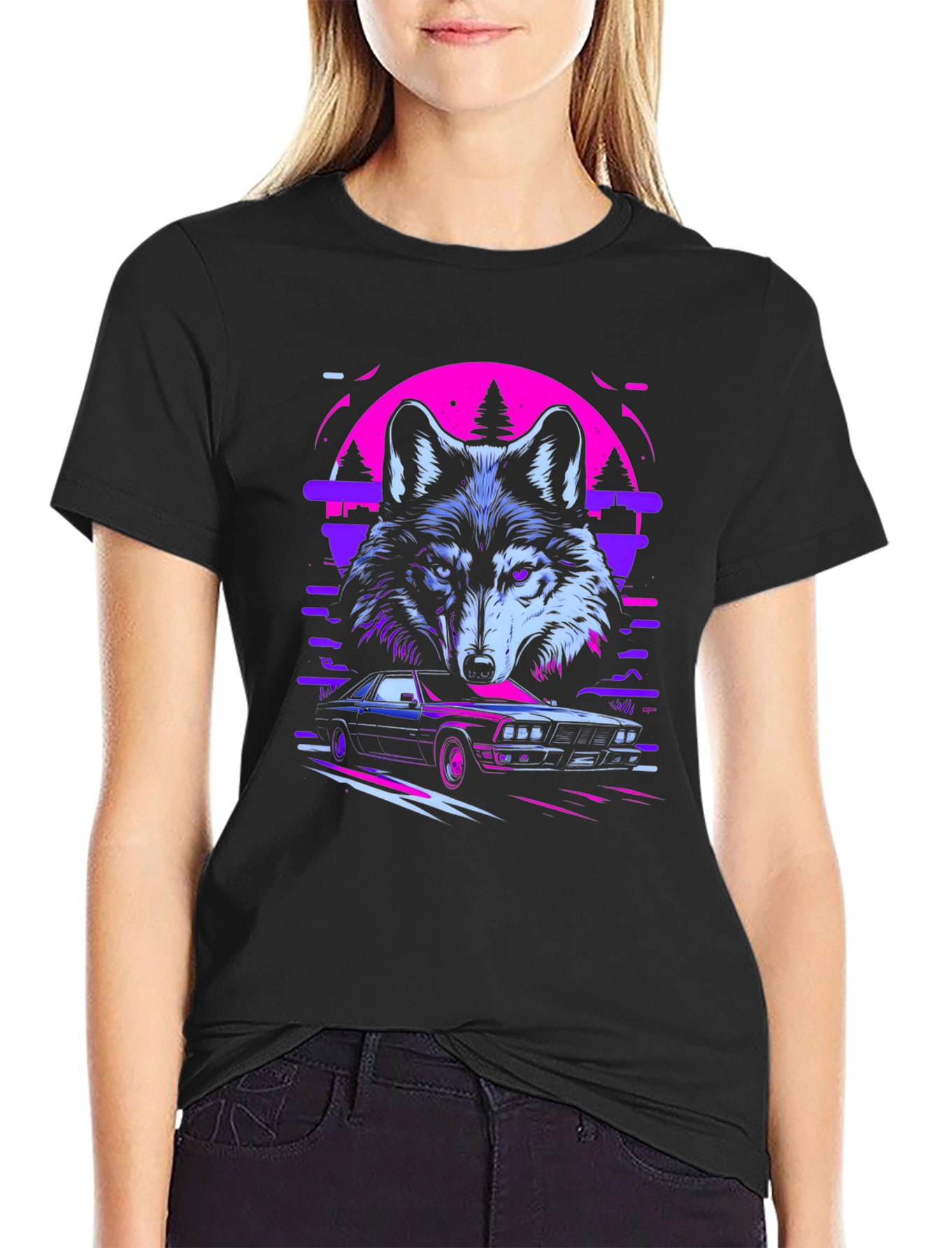 Wolf & Car Graphic Black T-Shirt