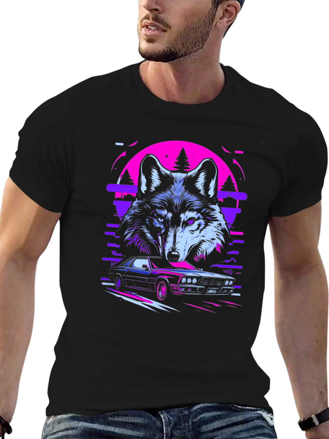 Wolf & Car Graphic Black T-Shirt