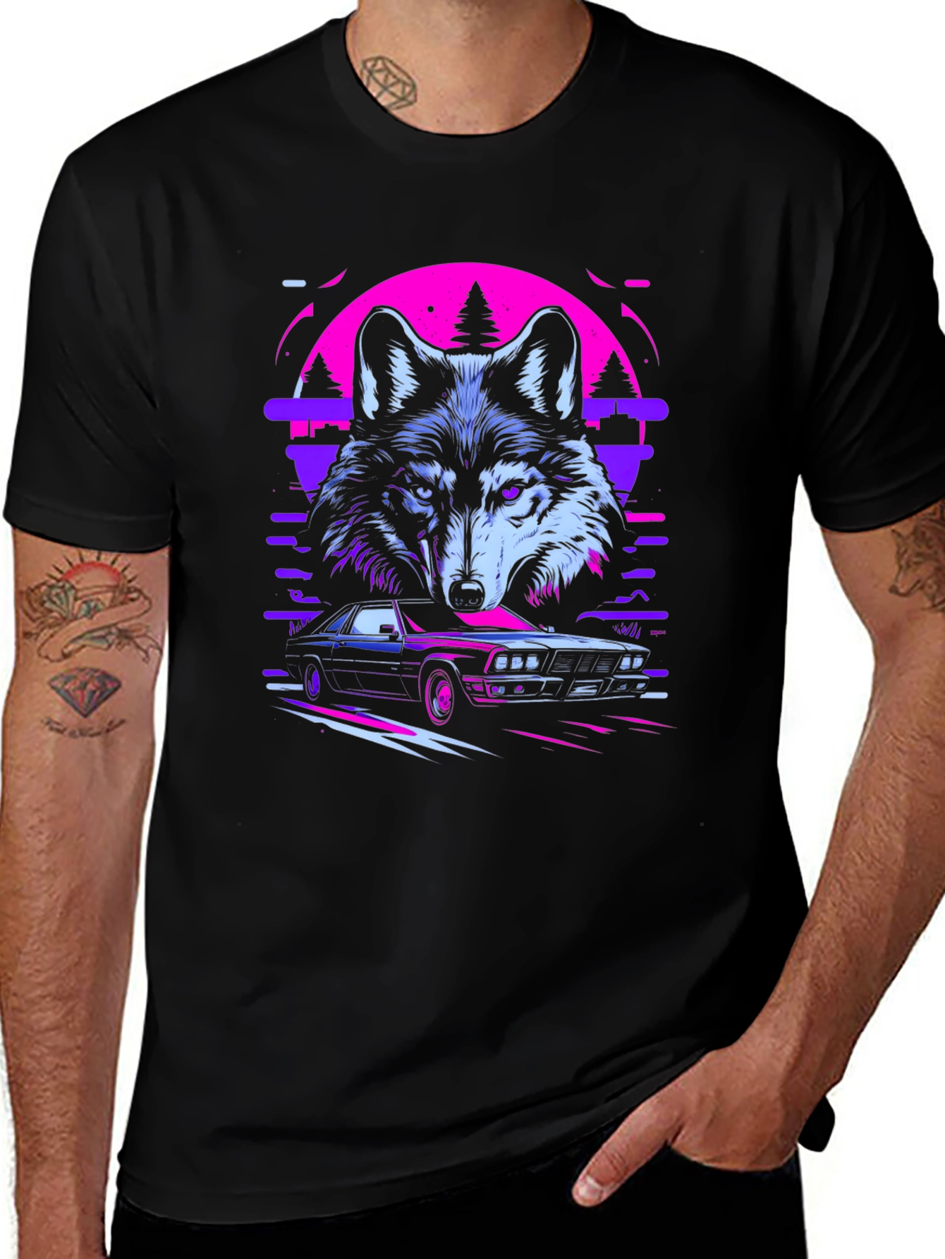 Wolf & Car Graphic Black T-Shirt