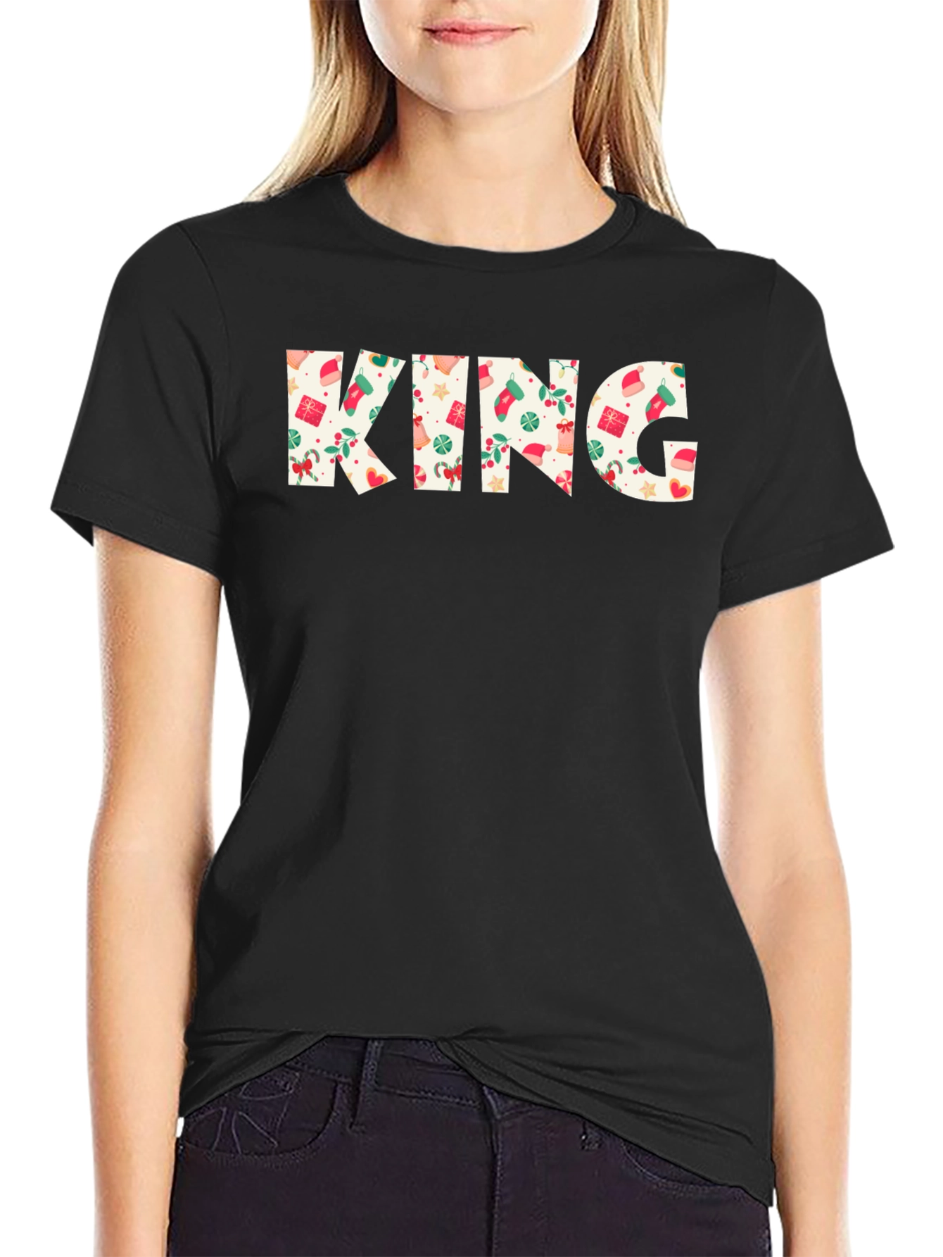 Festive King Christmas Pattern Black T-Shirt