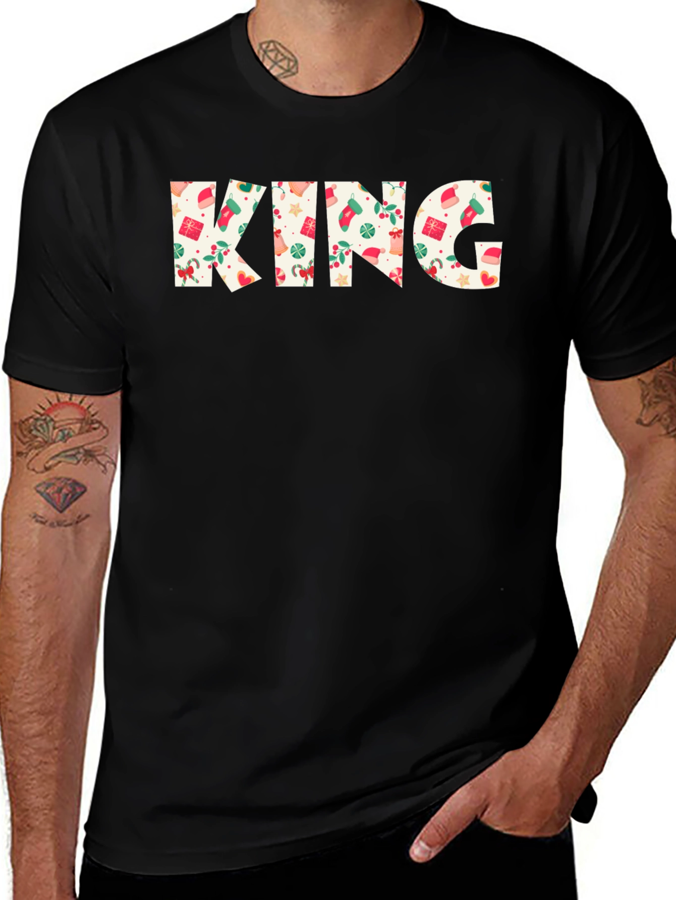 Festive King Christmas Pattern Black T-Shirt