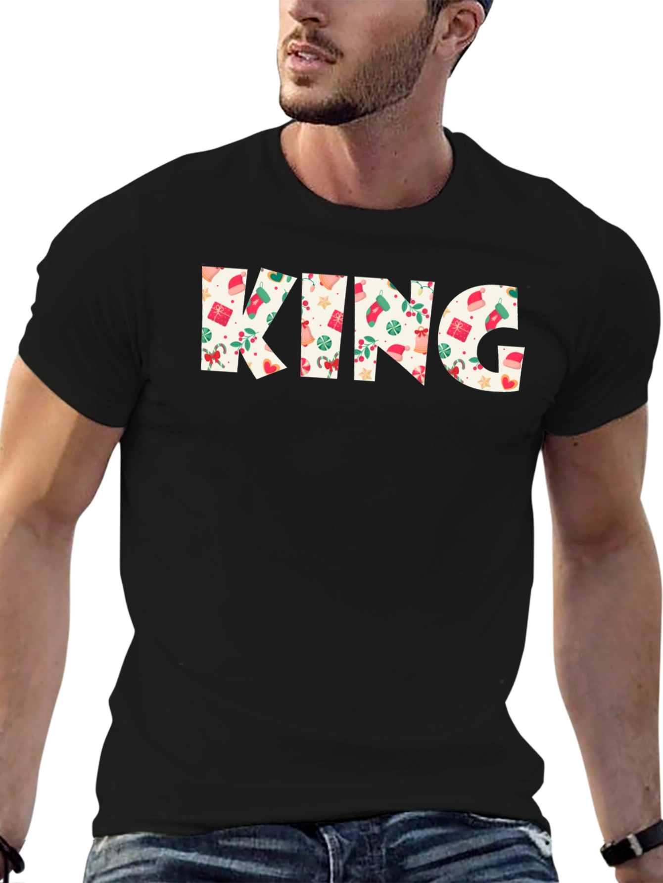 Festive King Christmas Pattern Black T-Shirt