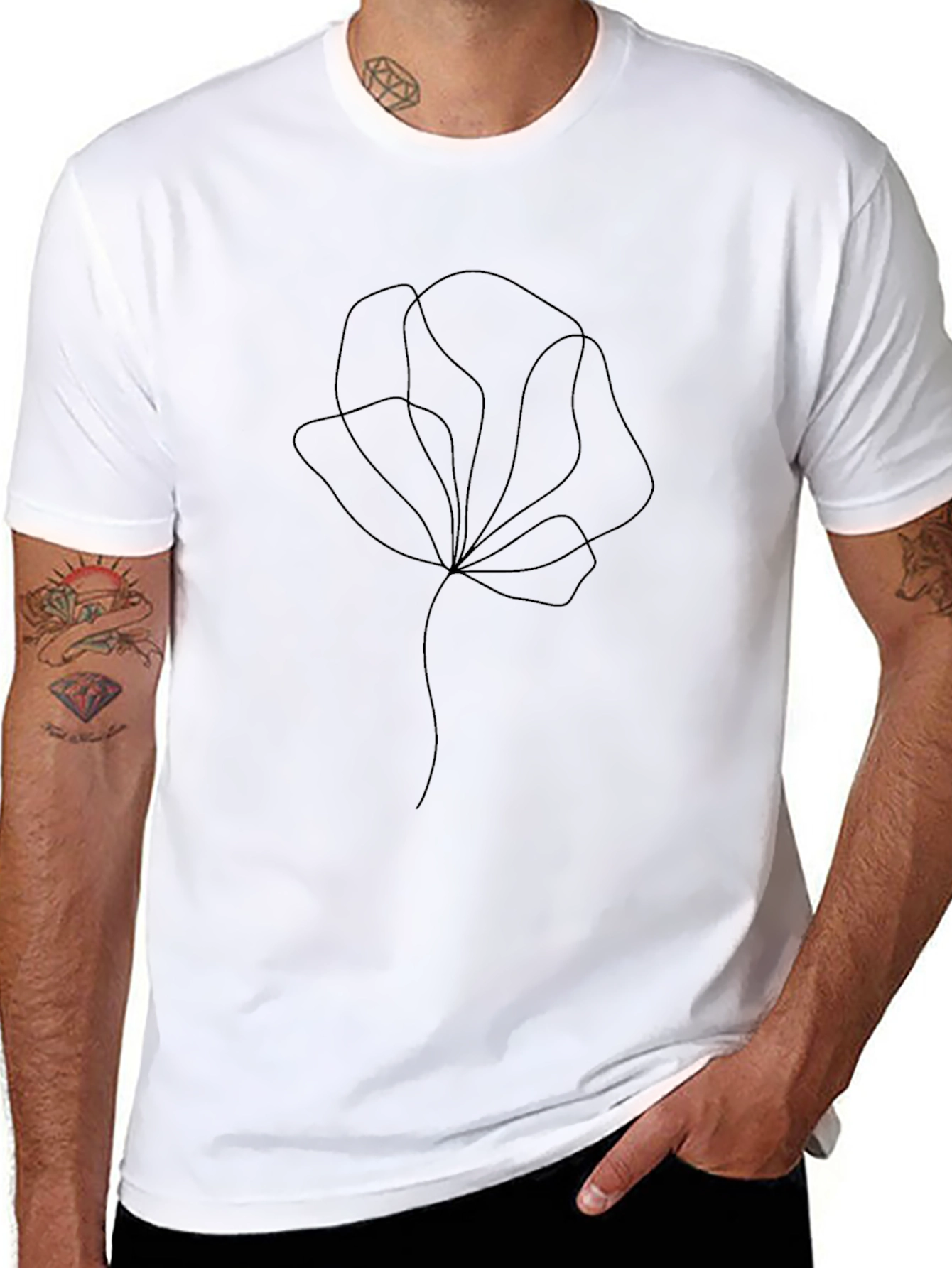 Minimalist Floral Line Art Black T-Shirt