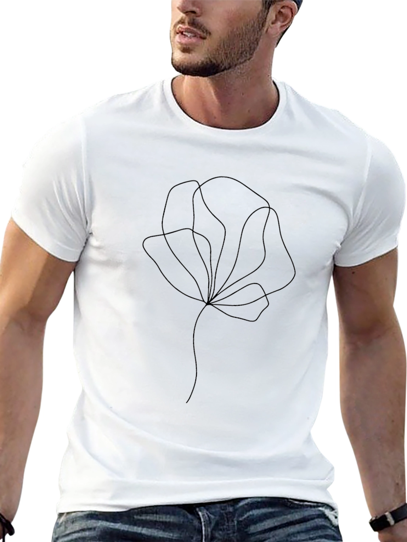 Minimalist Floral Line Art Black T-Shirt